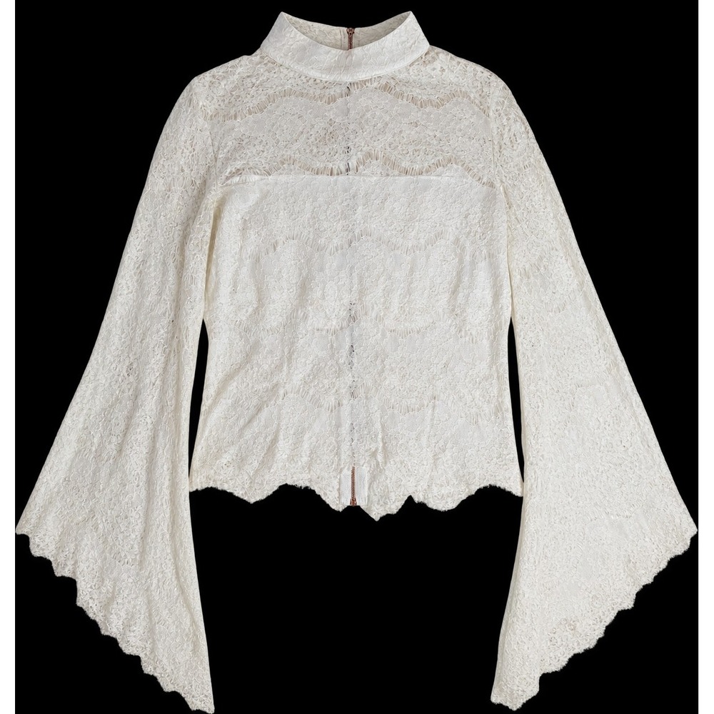 DO+BE Women's XS Ivory Floral Lace Mock Neck Long Sleeve Blouse  Gold Zip Back